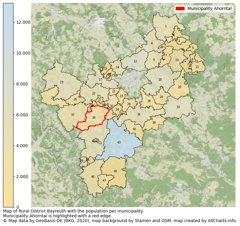 Map of Rural district Bayreuth with the population per municipality.Municipality Ahorntal is highlighted with a red edge.. This page shows a lot of information about residents (such as the distribution by age groups, family composition, gender, native or German with an immigration background, ...), homes (numbers, types, price development, use, type of property, ...) and more (car ownership, energy consumption, ...) based on open data from the German Federal Agency for Cartography, the Federal Statistical Office (DESTATIS), the Regional Statistical Offices and various other sources!