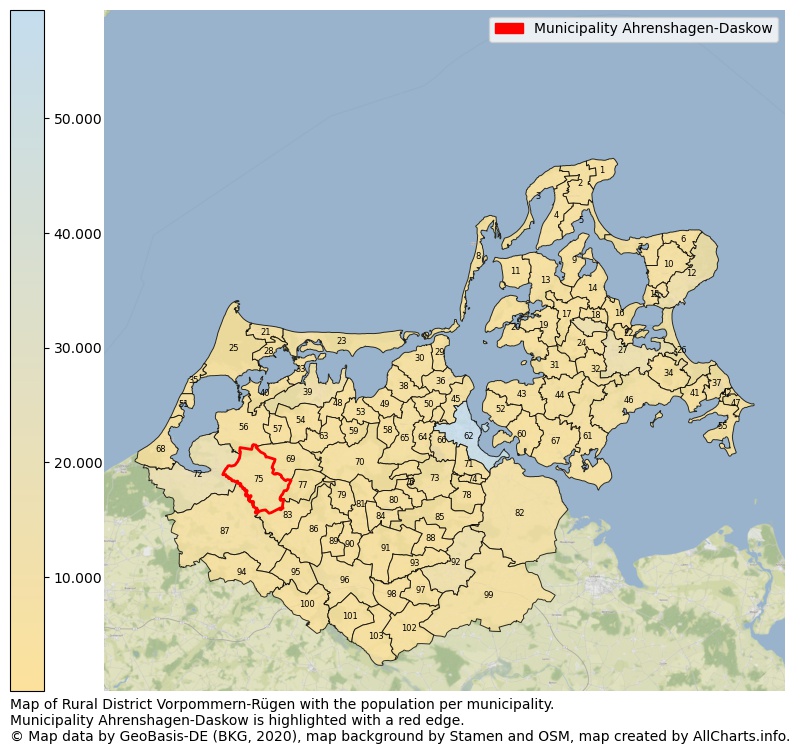 Map of Rural district Vorpommern-Rügen with the population per municipality.Municipality Ahrenshagen-Daskow is highlighted with a red edge.. This page shows a lot of information about residents (such as the distribution by age groups, family composition, gender, native or German with an immigration background, ...), homes (numbers, types, price development, use, type of property, ...) and more (car ownership, energy consumption, ...) based on open data from the German Federal Agency for Cartography, the Federal Statistical Office (DESTATIS), the Regional Statistical Offices and various other sources!