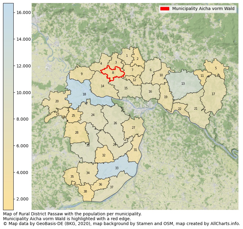 Map of Rural district Passaw with the population per municipality.Municipality Aicha vorm Wald is highlighted with a red edge.. This page shows a lot of information about residents (such as the distribution by age groups, family composition, gender, native or German with an immigration background, ...), homes (numbers, types, price development, use, type of property, ...) and more (car ownership, energy consumption, ...) based on open data from the German Federal Agency for Cartography, the Federal Statistical Office (DESTATIS), the Regional Statistical Offices and various other sources!