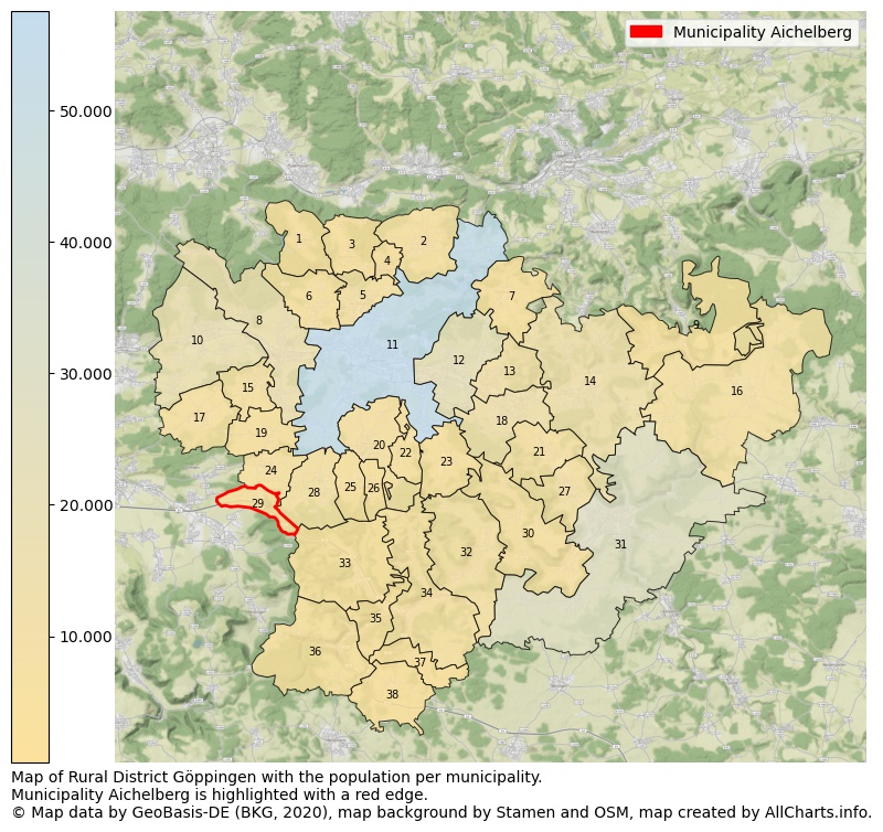 Map of Rural district Göppingen with the population per municipality.Municipality Aichelberg is highlighted with a red edge.. This page shows a lot of information about residents (such as the distribution by age groups, family composition, gender, native or German with an immigration background, ...), homes (numbers, types, price development, use, type of property, ...) and more (car ownership, energy consumption, ...) based on open data from the German Federal Agency for Cartography, the Federal Statistical Office (DESTATIS), the Regional Statistical Offices and various other sources!