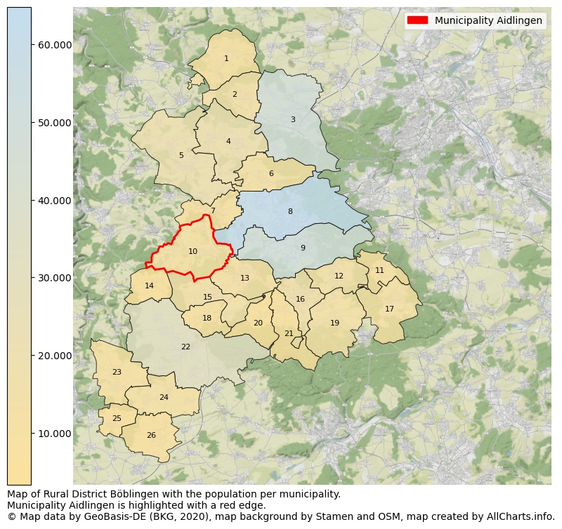 Map of Rural district Böblingen with the population per municipality.Municipality Aidlingen is highlighted with a red edge.. This page shows a lot of information about residents (such as the distribution by age groups, family composition, gender, native or German with an immigration background, ...), homes (numbers, types, price development, use, type of property, ...) and more (car ownership, energy consumption, ...) based on open data from the German Federal Agency for Cartography, the Federal Statistical Office (DESTATIS), the Regional Statistical Offices and various other sources!