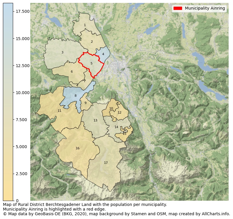 Map of Rural district Berchtesgadener Land with the population per municipality.Municipality Ainring is highlighted with a red edge.. This page shows a lot of information about residents (such as the distribution by age groups, family composition, gender, native or German with an immigration background, ...), homes (numbers, types, price development, use, type of property, ...) and more (car ownership, energy consumption, ...) based on open data from the German Federal Agency for Cartography, the Federal Statistical Office (DESTATIS), the Regional Statistical Offices and various other sources!