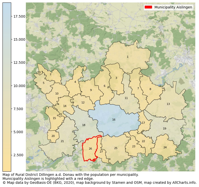 Map of Rural district Dillingen a.d. Donau with the population per municipality.Municipality Aislingen is highlighted with a red edge.. This page shows a lot of information about residents (such as the distribution by age groups, family composition, gender, native or German with an immigration background, ...), homes (numbers, types, price development, use, type of property, ...) and more (car ownership, energy consumption, ...) based on open data from the German Federal Agency for Cartography, the Federal Statistical Office (DESTATIS), the Regional Statistical Offices and various other sources!