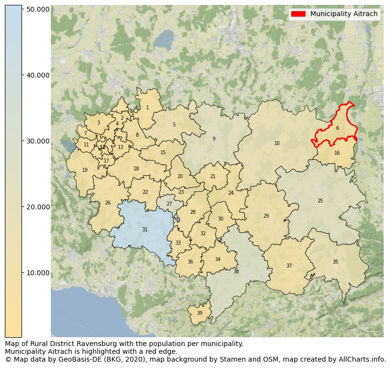 Map of Rural district Ravensburg with the population per municipality.Municipality Aitrach is highlighted with a red edge.. This page shows a lot of information about residents (such as the distribution by age groups, family composition, gender, native or German with an immigration background, ...), homes (numbers, types, price development, use, type of property, ...) and more (car ownership, energy consumption, ...) based on open data from the German Federal Agency for Cartography, the Federal Statistical Office (DESTATIS), the Regional Statistical Offices and various other sources!
