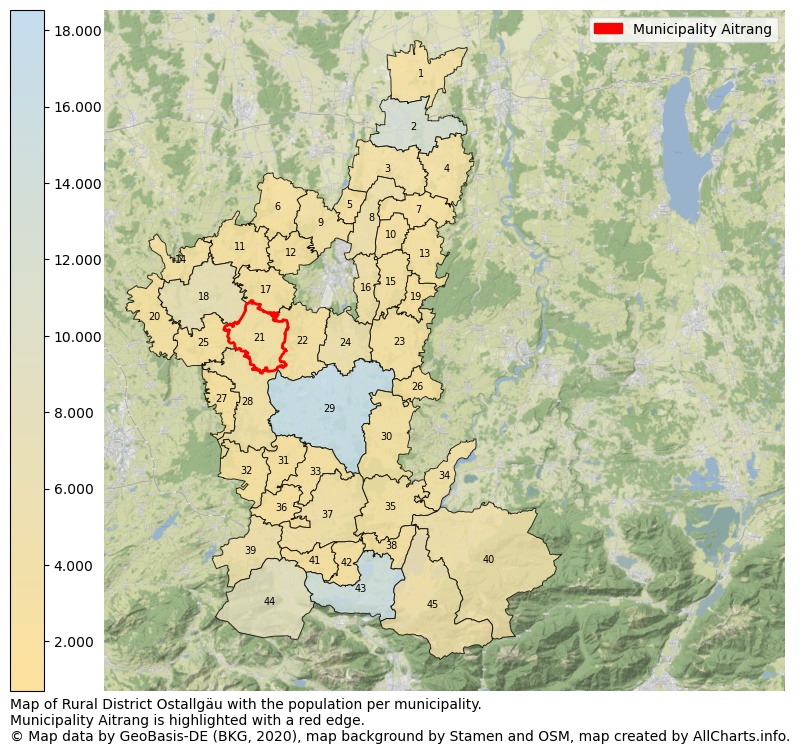 Map of Rural district Ostallgäu with the population per municipality.Municipality Aitrang is highlighted with a red edge.. This page shows a lot of information about residents (such as the distribution by age groups, family composition, gender, native or German with an immigration background, ...), homes (numbers, types, price development, use, type of property, ...) and more (car ownership, energy consumption, ...) based on open data from the German Federal Agency for Cartography, the Federal Statistical Office (DESTATIS), the Regional Statistical Offices and various other sources!