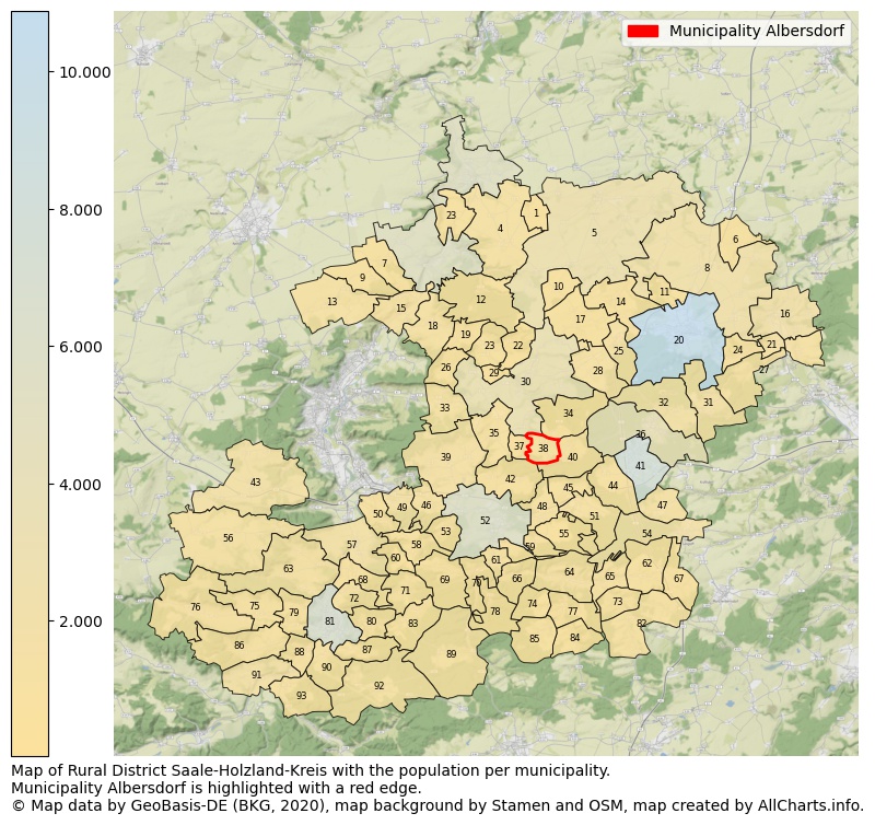 Map of Rural district Saale-Holzland-Kreis with the population per municipality.Municipality Albersdorf is highlighted with a red edge.. This page shows a lot of information about residents (such as the distribution by age groups, family composition, gender, native or German with an immigration background, ...), homes (numbers, types, price development, use, type of property, ...) and more (car ownership, energy consumption, ...) based on open data from the German Federal Agency for Cartography, the Federal Statistical Office (DESTATIS), the Regional Statistical Offices and various other sources!