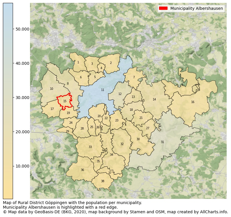 Map of Rural district Göppingen with the population per municipality.Municipality Albershausen is highlighted with a red edge.. This page shows a lot of information about residents (such as the distribution by age groups, family composition, gender, native or German with an immigration background, ...), homes (numbers, types, price development, use, type of property, ...) and more (car ownership, energy consumption, ...) based on open data from the German Federal Agency for Cartography, the Federal Statistical Office (DESTATIS), the Regional Statistical Offices and various other sources!