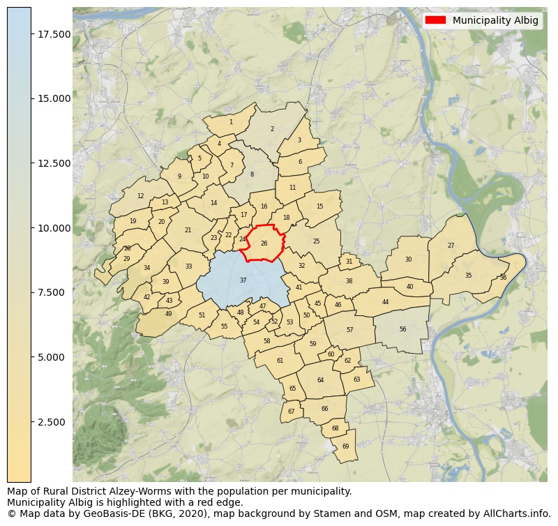 Map of Rural district Alzey-Worms with the population per municipality.Municipality Albig is highlighted with a red edge.. This page shows a lot of information about residents (such as the distribution by age groups, family composition, gender, native or German with an immigration background, ...), homes (numbers, types, price development, use, type of property, ...) and more (car ownership, energy consumption, ...) based on open data from the German Federal Agency for Cartography, the Federal Statistical Office (DESTATIS), the Regional Statistical Offices and various other sources!