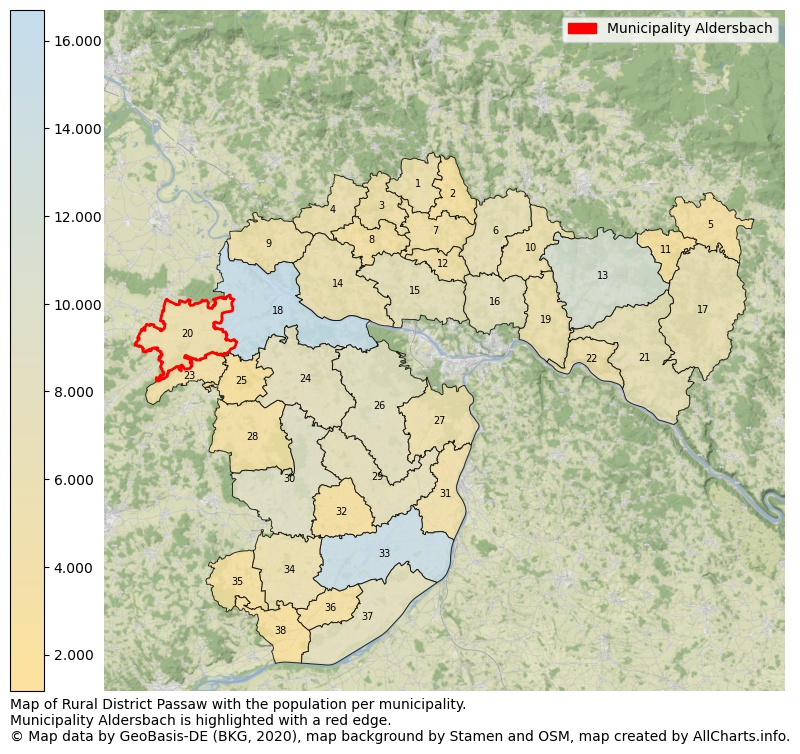Map of Rural district Passaw with the population per municipality.Municipality Aldersbach is highlighted with a red edge.. This page shows a lot of information about residents (such as the distribution by age groups, family composition, gender, native or German with an immigration background, ...), homes (numbers, types, price development, use, type of property, ...) and more (car ownership, energy consumption, ...) based on open data from the German Federal Agency for Cartography, the Federal Statistical Office (DESTATIS), the Regional Statistical Offices and various other sources!