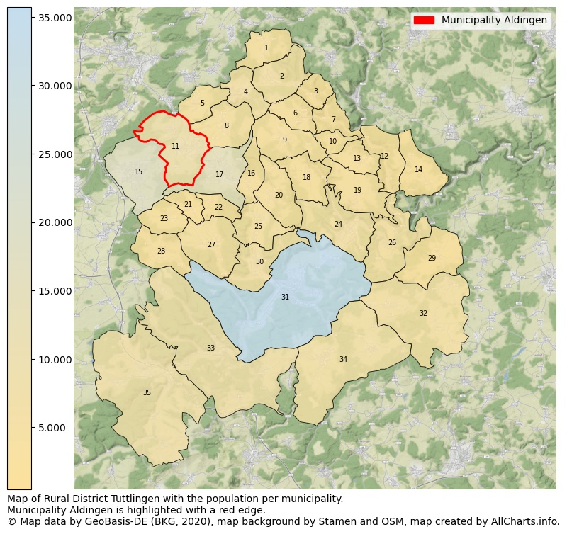Map of Rural district Tuttlingen with the population per municipality.Municipality Aldingen is highlighted with a red edge.. This page shows a lot of information about residents (such as the distribution by age groups, family composition, gender, native or German with an immigration background, ...), homes (numbers, types, price development, use, type of property, ...) and more (car ownership, energy consumption, ...) based on open data from the German Federal Agency for Cartography, the Federal Statistical Office (DESTATIS), the Regional Statistical Offices and various other sources!