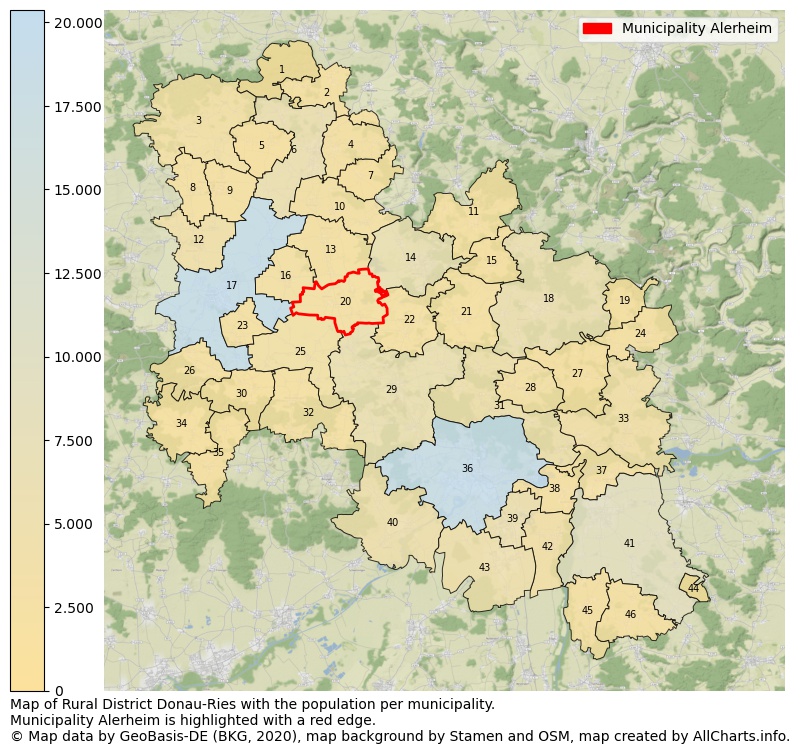 Map of Rural district Donau-Ries with the population per municipality.Municipality Alerheim is highlighted with a red edge.. This page shows a lot of information about residents (such as the distribution by age groups, family composition, gender, native or German with an immigration background, ...), homes (numbers, types, price development, use, type of property, ...) and more (car ownership, energy consumption, ...) based on open data from the German Federal Agency for Cartography, the Federal Statistical Office (DESTATIS), the Regional Statistical Offices and various other sources!