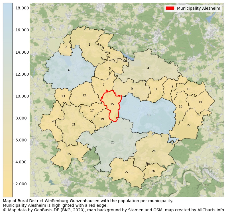 Map of Rural district Weißenburg-Gunzenhausen with the population per municipality.Municipality Alesheim is highlighted with a red edge.. This page shows a lot of information about residents (such as the distribution by age groups, family composition, gender, native or German with an immigration background, ...), homes (numbers, types, price development, use, type of property, ...) and more (car ownership, energy consumption, ...) based on open data from the German Federal Agency for Cartography, the Federal Statistical Office (DESTATIS), the Regional Statistical Offices and various other sources!