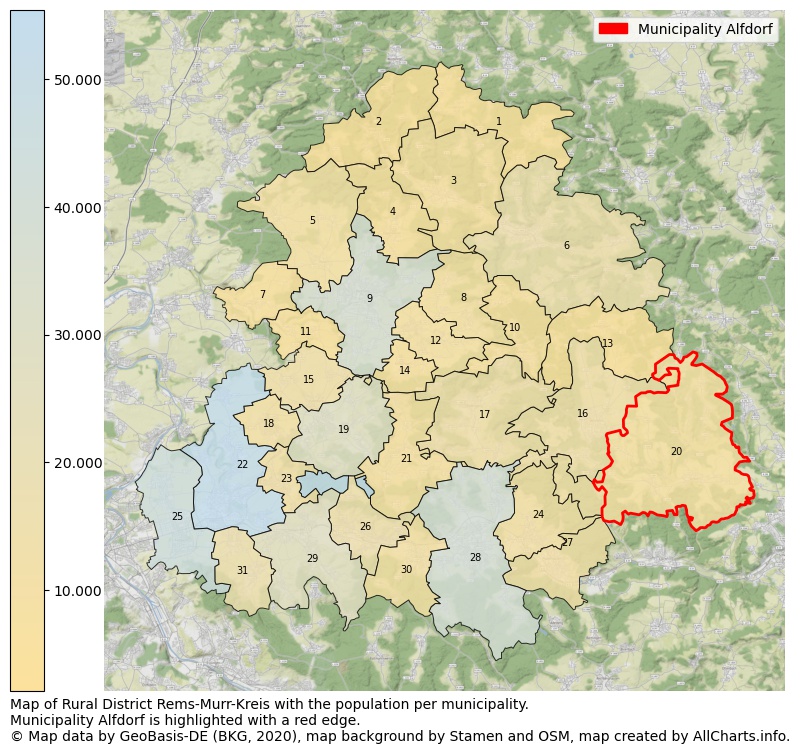 Map of Rural district Rems-Murr-Kreis with the population per municipality.Municipality Alfdorf is highlighted with a red edge.. This page shows a lot of information about residents (such as the distribution by age groups, family composition, gender, native or German with an immigration background, ...), homes (numbers, types, price development, use, type of property, ...) and more (car ownership, energy consumption, ...) based on open data from the German Federal Agency for Cartography, the Federal Statistical Office (DESTATIS), the Regional Statistical Offices and various other sources!