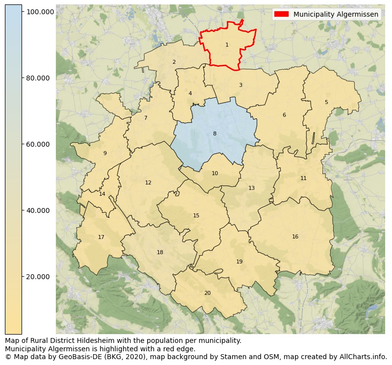 Map of Rural district Hildesheim with the population per municipality.Municipality Algermissen is highlighted with a red edge.. This page shows a lot of information about residents (such as the distribution by age groups, family composition, gender, native or German with an immigration background, ...), homes (numbers, types, price development, use, type of property, ...) and more (car ownership, energy consumption, ...) based on open data from the German Federal Agency for Cartography, the Federal Statistical Office (DESTATIS), the Regional Statistical Offices and various other sources!