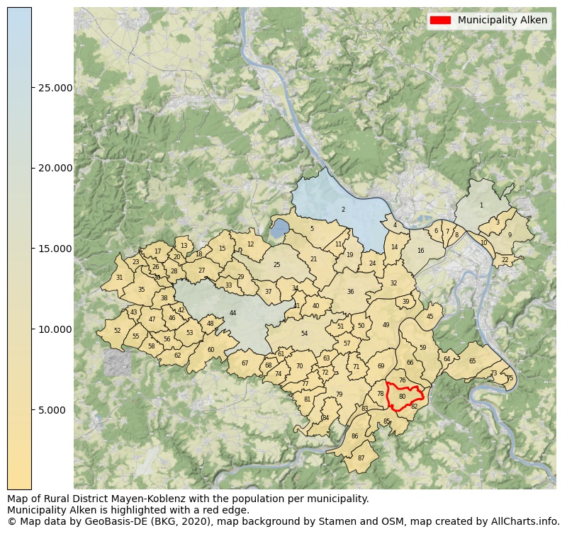 Map of Rural district Mayen-Koblenz with the population per municipality.Municipality Alken is highlighted with a red edge.. This page shows a lot of information about residents (such as the distribution by age groups, family composition, gender, native or German with an immigration background, ...), homes (numbers, types, price development, use, type of property, ...) and more (car ownership, energy consumption, ...) based on open data from the German Federal Agency for Cartography, the Federal Statistical Office (DESTATIS), the Regional Statistical Offices and various other sources!