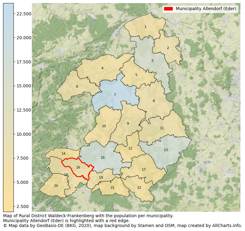 Map of Rural district Waldeck-Frankenberg with the population per municipality.Municipality Allendorf (Eder) is highlighted with a red edge.. This page shows a lot of information about residents (such as the distribution by age groups, family composition, gender, native or German with an immigration background, ...), homes (numbers, types, price development, use, type of property, ...) and more (car ownership, energy consumption, ...) based on open data from the German Federal Agency for Cartography, the Federal Statistical Office (DESTATIS), the Regional Statistical Offices and various other sources!