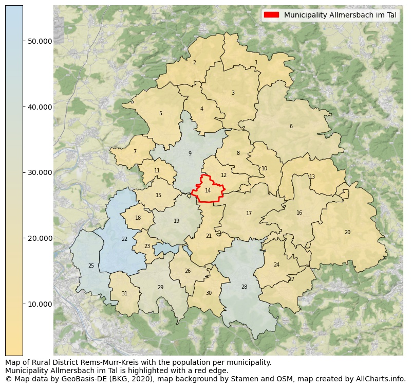 Map of Rural district Rems-Murr-Kreis with the population per municipality.Municipality Allmersbach im Tal is highlighted with a red edge.. This page shows a lot of information about residents (such as the distribution by age groups, family composition, gender, native or German with an immigration background, ...), homes (numbers, types, price development, use, type of property, ...) and more (car ownership, energy consumption, ...) based on open data from the German Federal Agency for Cartography, the Federal Statistical Office (DESTATIS), the Regional Statistical Offices and various other sources!