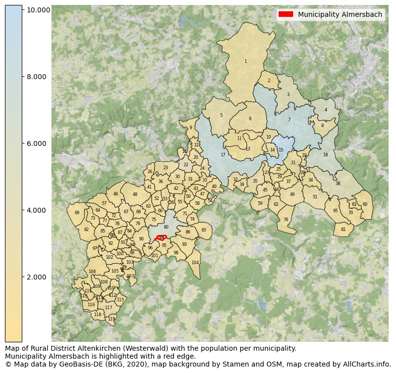 Map of Rural district Altenkirchen (Westerwald) with the population per municipality.Municipality Almersbach is highlighted with a red edge.. This page shows a lot of information about residents (such as the distribution by age groups, family composition, gender, native or German with an immigration background, ...), homes (numbers, types, price development, use, type of property, ...) and more (car ownership, energy consumption, ...) based on open data from the German Federal Agency for Cartography, the Federal Statistical Office (DESTATIS), the Regional Statistical Offices and various other sources!