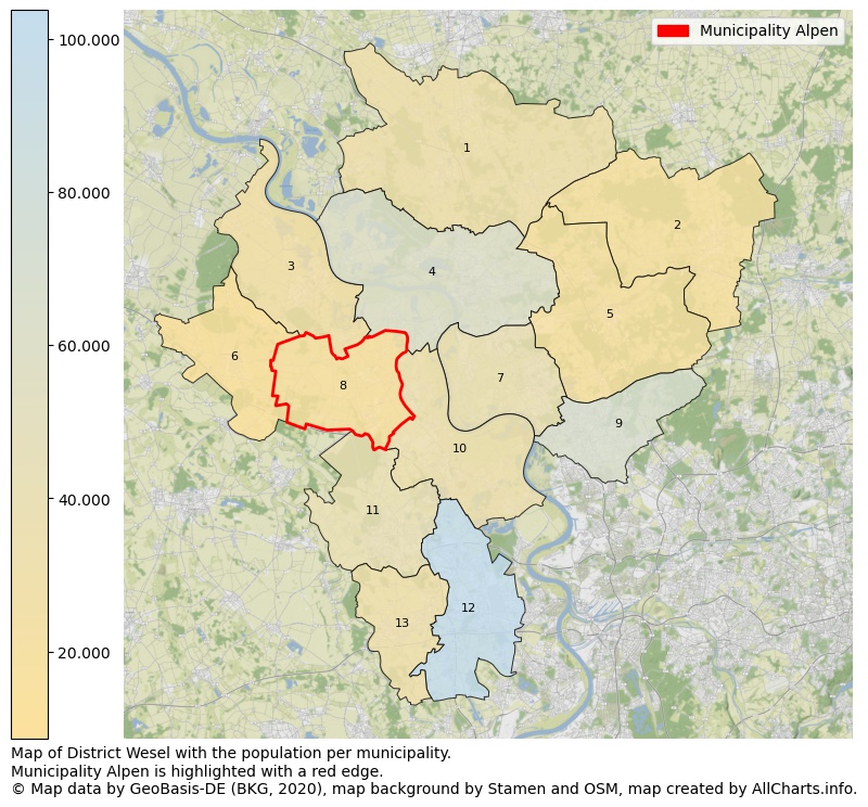 Map of District Wesel with the population per municipality.Municipality Alpen is highlighted with a red edge.. This page shows a lot of information about residents (such as the distribution by age groups, family composition, gender, native or German with an immigration background, ...), homes (numbers, types, price development, use, type of property, ...) and more (car ownership, energy consumption, ...) based on open data from the German Federal Agency for Cartography, the Federal Statistical Office (DESTATIS), the Regional Statistical Offices and various other sources!