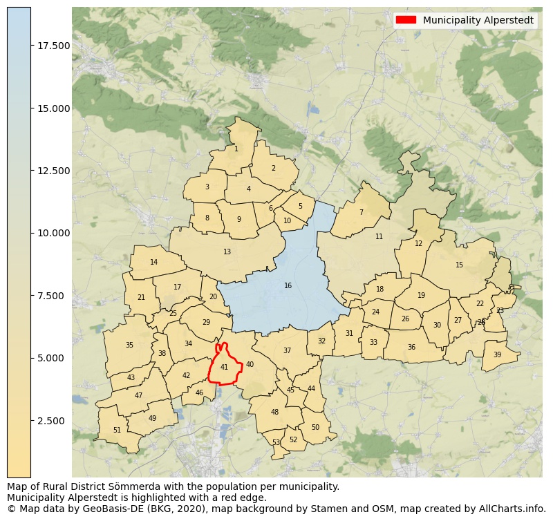 Map of Rural district Sömmerda with the population per municipality.Municipality Alperstedt is highlighted with a red edge.. This page shows a lot of information about residents (such as the distribution by age groups, family composition, gender, native or German with an immigration background, ...), homes (numbers, types, price development, use, type of property, ...) and more (car ownership, energy consumption, ...) based on open data from the German Federal Agency for Cartography, the Federal Statistical Office (DESTATIS), the Regional Statistical Offices and various other sources!
