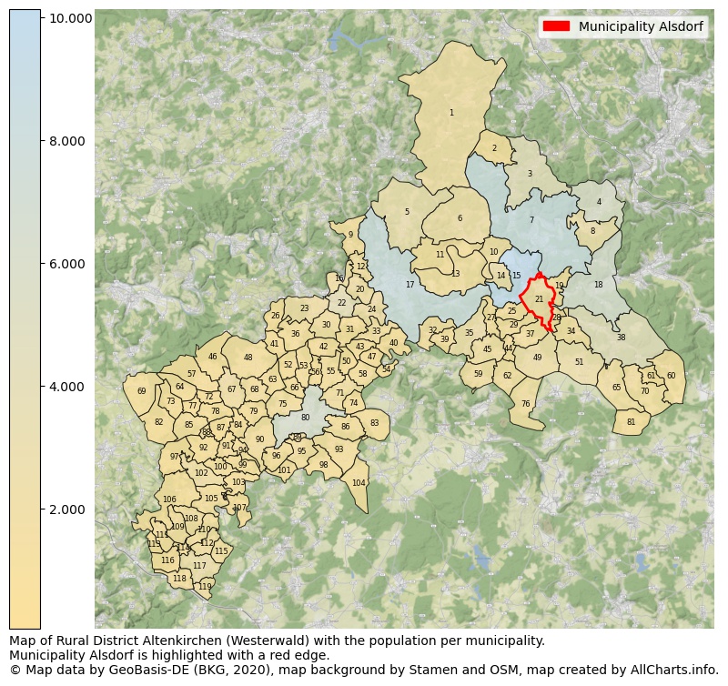 Map of Rural district Altenkirchen (Westerwald) with the population per municipality.Municipality Alsdorf is highlighted with a red edge.. This page shows a lot of information about residents (such as the distribution by age groups, family composition, gender, native or German with an immigration background, ...), homes (numbers, types, price development, use, type of property, ...) and more (car ownership, energy consumption, ...) based on open data from the German Federal Agency for Cartography, the Federal Statistical Office (DESTATIS), the Regional Statistical Offices and various other sources!