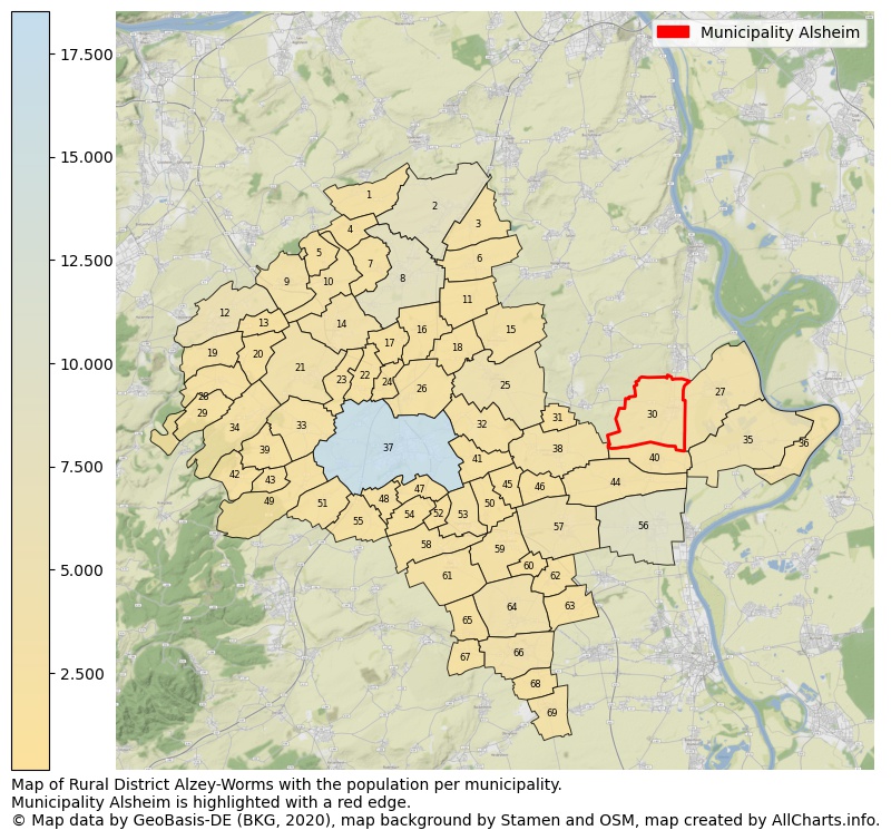 Map of Rural district Alzey-Worms with the population per municipality.Municipality Alsheim is highlighted with a red edge.. This page shows a lot of information about residents (such as the distribution by age groups, family composition, gender, native or German with an immigration background, ...), homes (numbers, types, price development, use, type of property, ...) and more (car ownership, energy consumption, ...) based on open data from the German Federal Agency for Cartography, the Federal Statistical Office (DESTATIS), the Regional Statistical Offices and various other sources!