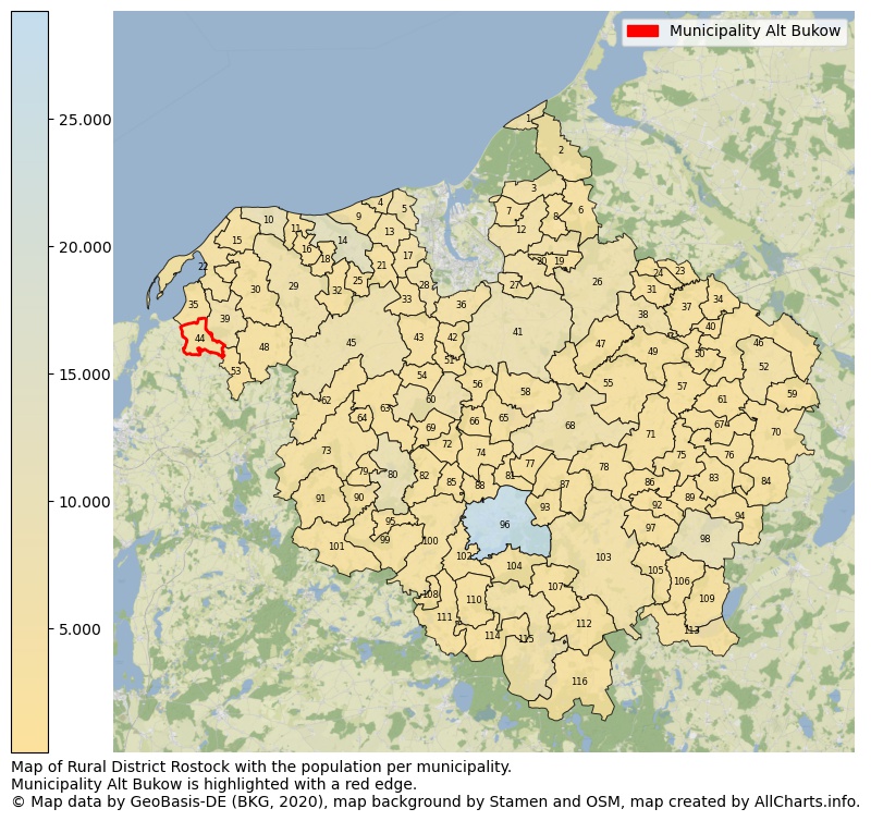 Map of Rural district Rostock with the population per municipality.Municipality Alt Bukow is highlighted with a red edge.. This page shows a lot of information about residents (such as the distribution by age groups, family composition, gender, native or German with an immigration background, ...), homes (numbers, types, price development, use, type of property, ...) and more (car ownership, energy consumption, ...) based on open data from the German Federal Agency for Cartography, the Federal Statistical Office (DESTATIS), the Regional Statistical Offices and various other sources!