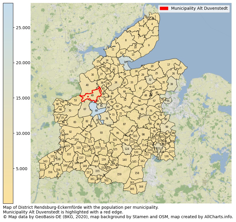 Map of District Rendsburg-Eckernförde with the population per municipality.Municipality Alt Duvenstedt is highlighted with a red edge.. This page shows a lot of information about residents (such as the distribution by age groups, family composition, gender, native or German with an immigration background, ...), homes (numbers, types, price development, use, type of property, ...) and more (car ownership, energy consumption, ...) based on open data from the German Federal Agency for Cartography, the Federal Statistical Office (DESTATIS), the Regional Statistical Offices and various other sources!