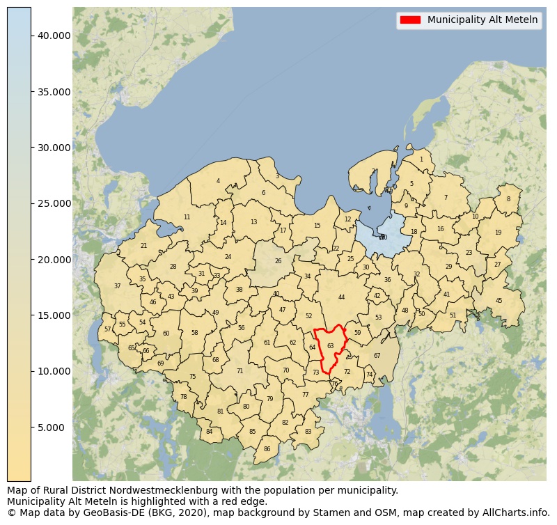 Map of Rural district Nordwestmecklenburg with the population per municipality.Municipality Alt Meteln is highlighted with a red edge.. This page shows a lot of information about residents (such as the distribution by age groups, family composition, gender, native or German with an immigration background, ...), homes (numbers, types, price development, use, type of property, ...) and more (car ownership, energy consumption, ...) based on open data from the German Federal Agency for Cartography, the Federal Statistical Office (DESTATIS), the Regional Statistical Offices and various other sources!