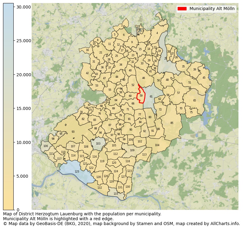 Map of District Herzogtum Lauenburg with the population per municipality.Municipality Alt Mölln is highlighted with a red edge.. This page shows a lot of information about residents (such as the distribution by age groups, family composition, gender, native or German with an immigration background, ...), homes (numbers, types, price development, use, type of property, ...) and more (car ownership, energy consumption, ...) based on open data from the German Federal Agency for Cartography, the Federal Statistical Office (DESTATIS), the Regional Statistical Offices and various other sources!