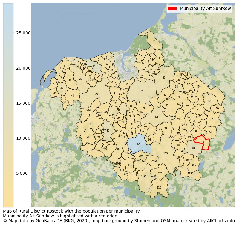 Map of Rural district Rostock with the population per municipality.Municipality Alt Sührkow is highlighted with a red edge.. This page shows a lot of information about residents (such as the distribution by age groups, family composition, gender, native or German with an immigration background, ...), homes (numbers, types, price development, use, type of property, ...) and more (car ownership, energy consumption, ...) based on open data from the German Federal Agency for Cartography, the Federal Statistical Office (DESTATIS), the Regional Statistical Offices and various other sources!