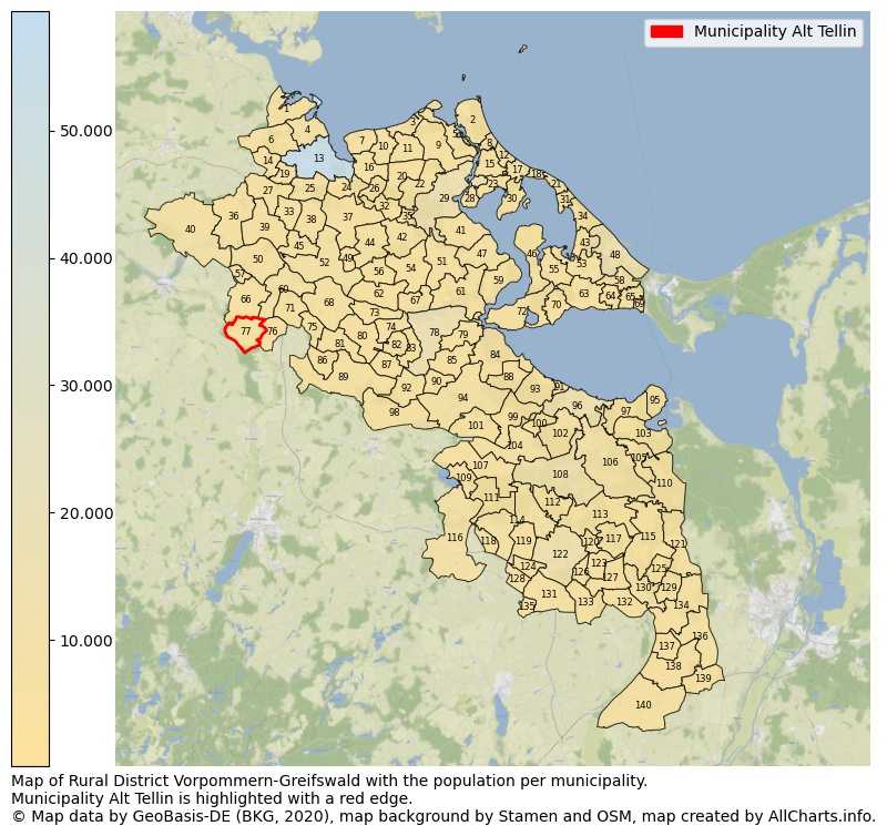 Map of Rural district Vorpommern-Greifswald with the population per municipality.Municipality Alt Tellin is highlighted with a red edge.. This page shows a lot of information about residents (such as the distribution by age groups, family composition, gender, native or German with an immigration background, ...), homes (numbers, types, price development, use, type of property, ...) and more (car ownership, energy consumption, ...) based on open data from the German Federal Agency for Cartography, the Federal Statistical Office (DESTATIS), the Regional Statistical Offices and various other sources!