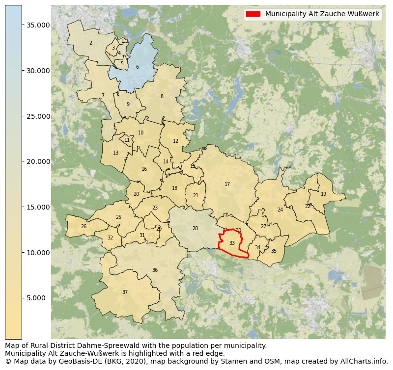 Map of Rural district Dahme-Spreewald with the population per municipality.Municipality Alt Zauche-Wußwerk is highlighted with a red edge.. This page shows a lot of information about residents (such as the distribution by age groups, family composition, gender, native or German with an immigration background, ...), homes (numbers, types, price development, use, type of property, ...) and more (car ownership, energy consumption, ...) based on open data from the German Federal Agency for Cartography, the Federal Statistical Office (DESTATIS), the Regional Statistical Offices and various other sources!