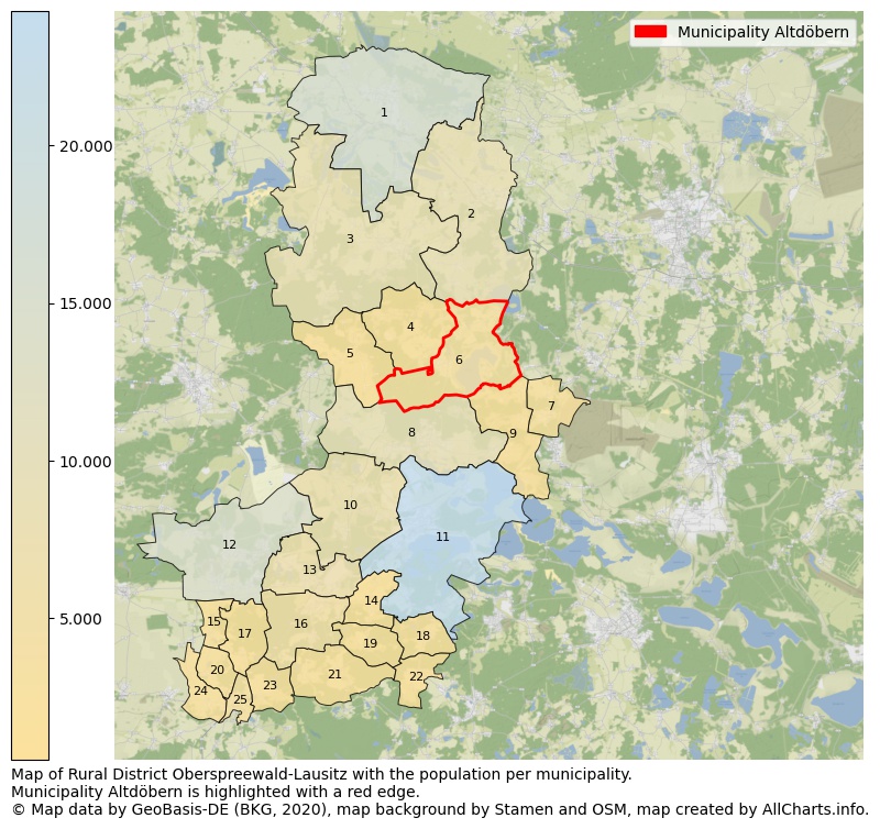 Map of Rural district Oberspreewald-Lausitz with the population per municipality.Municipality Altdöbern is highlighted with a red edge.. This page shows a lot of information about residents (such as the distribution by age groups, family composition, gender, native or German with an immigration background, ...), homes (numbers, types, price development, use, type of property, ...) and more (car ownership, energy consumption, ...) based on open data from the German Federal Agency for Cartography, the Federal Statistical Office (DESTATIS), the Regional Statistical Offices and various other sources!