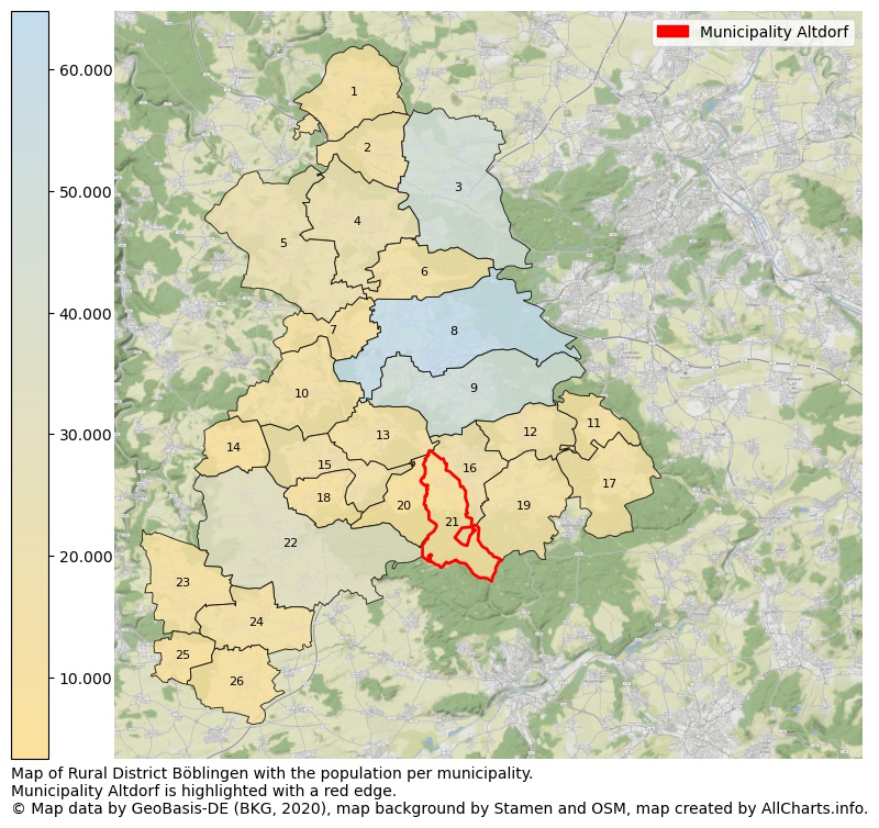 Map of Rural district Böblingen with the population per municipality.Municipality Altdorf is highlighted with a red edge.. This page shows a lot of information about residents (such as the distribution by age groups, family composition, gender, native or German with an immigration background, ...), homes (numbers, types, price development, use, type of property, ...) and more (car ownership, energy consumption, ...) based on open data from the German Federal Agency for Cartography, the Federal Statistical Office (DESTATIS), the Regional Statistical Offices and various other sources!