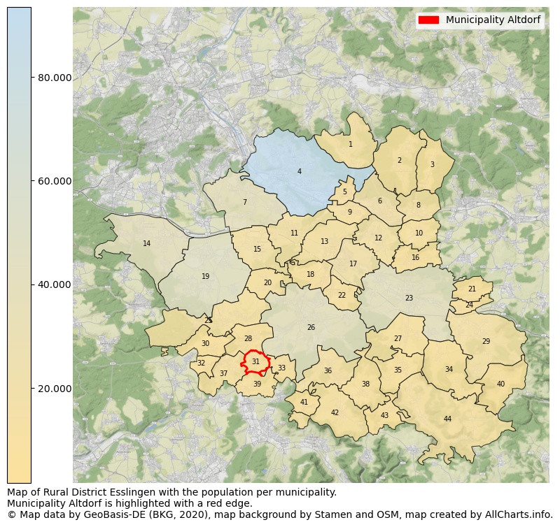 Map of Rural district Esslingen with the population per municipality.Municipality Altdorf is highlighted with a red edge.. This page shows a lot of information about residents (such as the distribution by age groups, family composition, gender, native or German with an immigration background, ...), homes (numbers, types, price development, use, type of property, ...) and more (car ownership, energy consumption, ...) based on open data from the German Federal Agency for Cartography, the Federal Statistical Office (DESTATIS), the Regional Statistical Offices and various other sources!