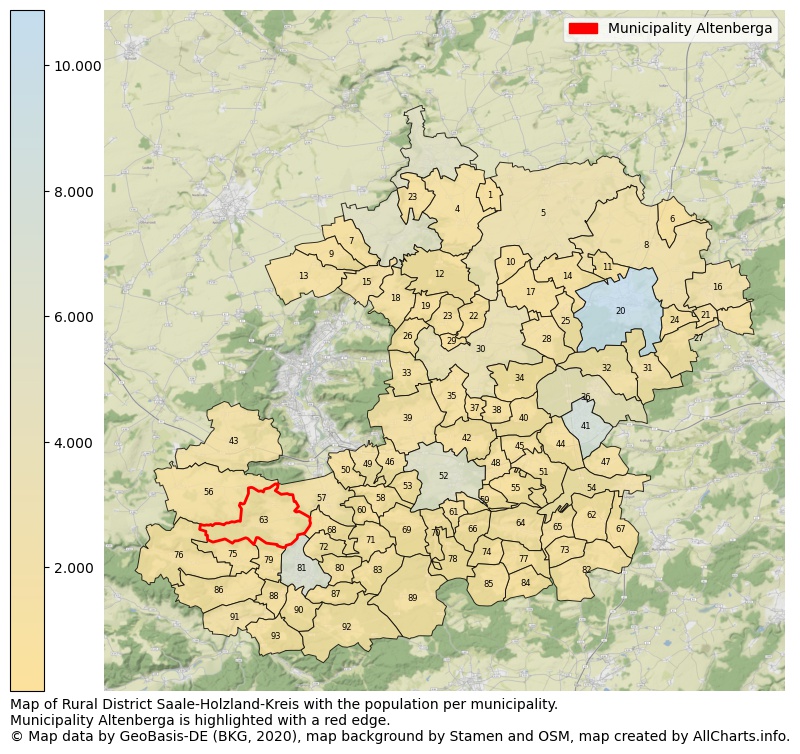 Map of Rural district Saale-Holzland-Kreis with the population per municipality.Municipality Altenberga is highlighted with a red edge.. This page shows a lot of information about residents (such as the distribution by age groups, family composition, gender, native or German with an immigration background, ...), homes (numbers, types, price development, use, type of property, ...) and more (car ownership, energy consumption, ...) based on open data from the German Federal Agency for Cartography, the Federal Statistical Office (DESTATIS), the Regional Statistical Offices and various other sources!