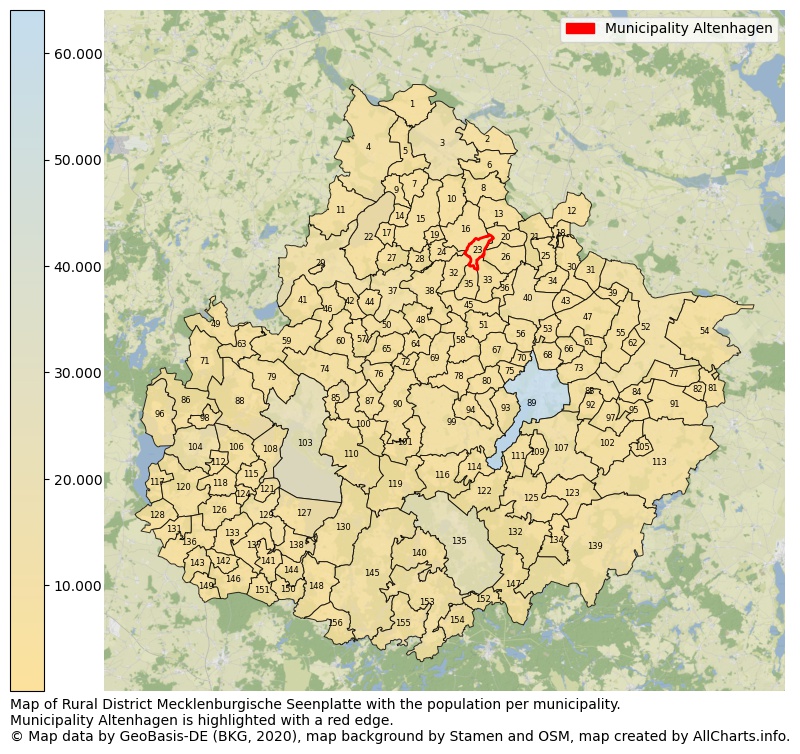 Map of Rural district Mecklenburgische Seenplatte with the population per municipality.Municipality Altenhagen is highlighted with a red edge.. This page shows a lot of information about residents (such as the distribution by age groups, family composition, gender, native or German with an immigration background, ...), homes (numbers, types, price development, use, type of property, ...) and more (car ownership, energy consumption, ...) based on open data from the German Federal Agency for Cartography, the Federal Statistical Office (DESTATIS), the Regional Statistical Offices and various other sources!