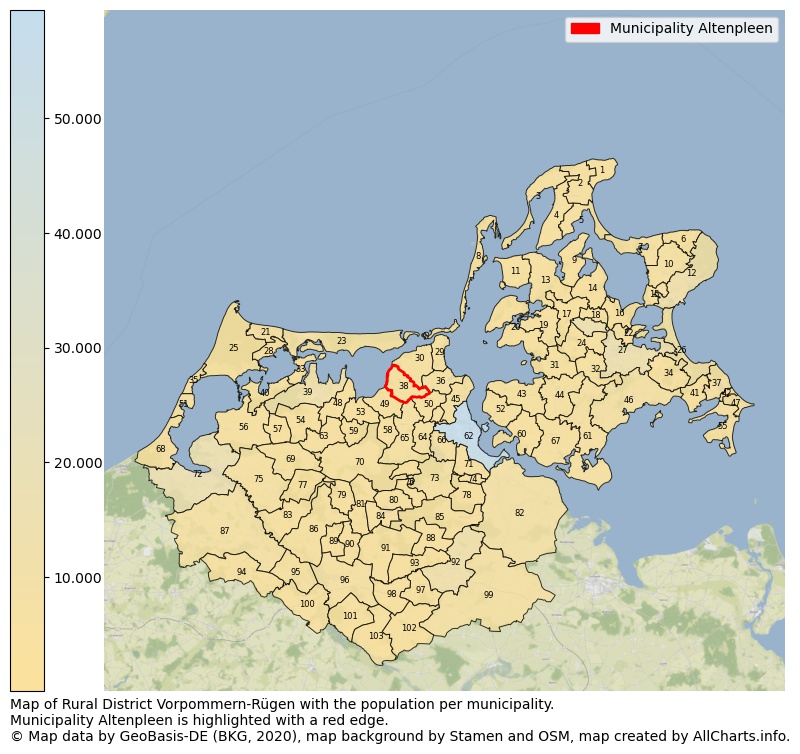 Map of Rural district Vorpommern-Rügen with the population per municipality.Municipality Altenpleen is highlighted with a red edge.. This page shows a lot of information about residents (such as the distribution by age groups, family composition, gender, native or German with an immigration background, ...), homes (numbers, types, price development, use, type of property, ...) and more (car ownership, energy consumption, ...) based on open data from the German Federal Agency for Cartography, the Federal Statistical Office (DESTATIS), the Regional Statistical Offices and various other sources!