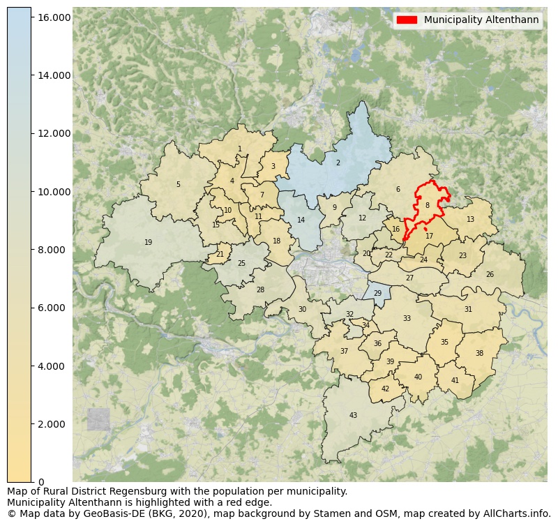 Map of Rural district Regensburg with the population per municipality.Municipality Altenthann is highlighted with a red edge.. This page shows a lot of information about residents (such as the distribution by age groups, family composition, gender, native or German with an immigration background, ...), homes (numbers, types, price development, use, type of property, ...) and more (car ownership, energy consumption, ...) based on open data from the German Federal Agency for Cartography, the Federal Statistical Office (DESTATIS), the Regional Statistical Offices and various other sources!