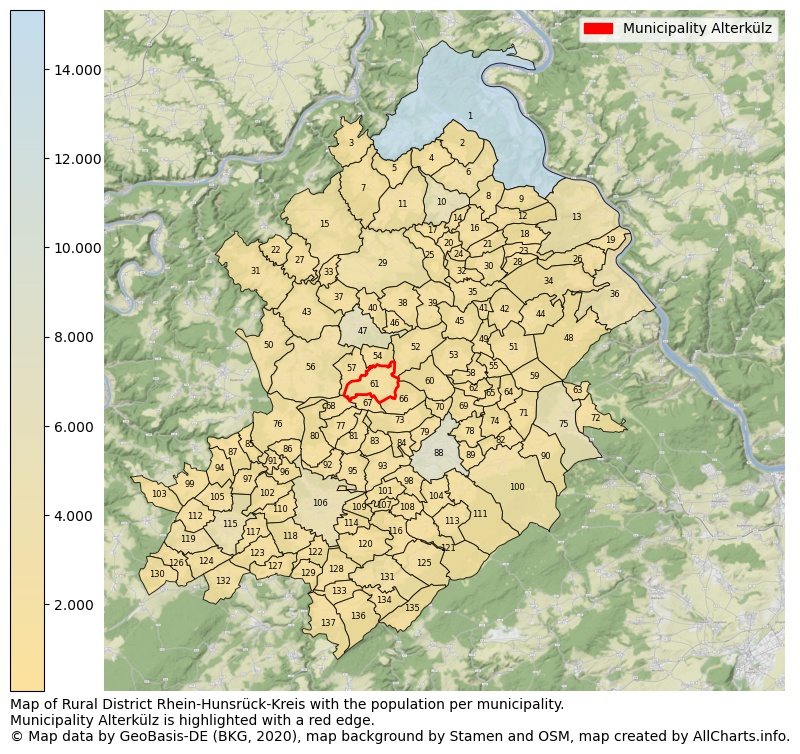 Map of Rural district Rhein-Hunsrück-Kreis with the population per municipality.Municipality Alterkülz is highlighted with a red edge.. This page shows a lot of information about residents (such as the distribution by age groups, family composition, gender, native or German with an immigration background, ...), homes (numbers, types, price development, use, type of property, ...) and more (car ownership, energy consumption, ...) based on open data from the German Federal Agency for Cartography, the Federal Statistical Office (DESTATIS), the Regional Statistical Offices and various other sources!