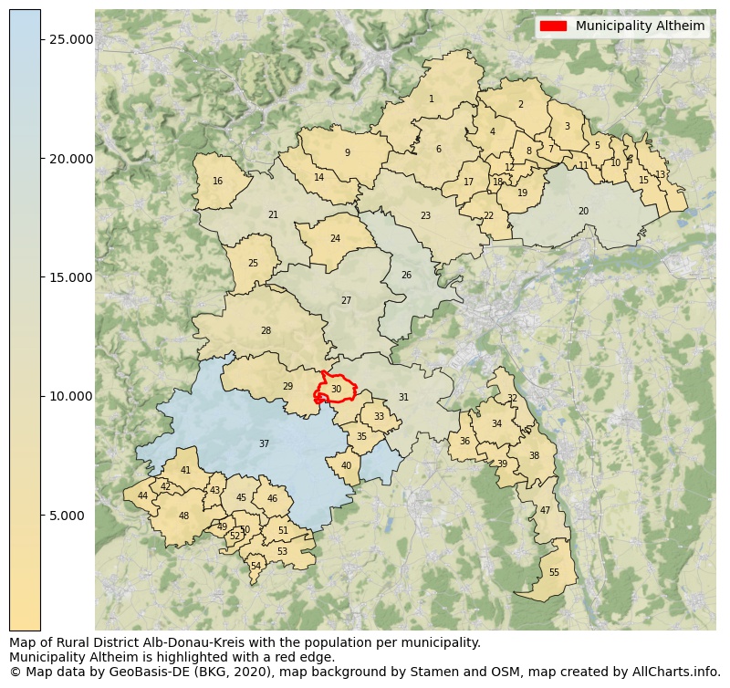 Map of Rural district Alb-Donau-Kreis with the population per municipality.Municipality Altheim is highlighted with a red edge.. This page shows a lot of information about residents (such as the distribution by age groups, family composition, gender, native or German with an immigration background, ...), homes (numbers, types, price development, use, type of property, ...) and more (car ownership, energy consumption, ...) based on open data from the German Federal Agency for Cartography, the Federal Statistical Office (DESTATIS), the Regional Statistical Offices and various other sources!