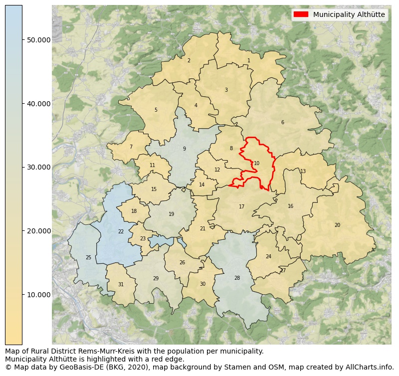 Map of Rural district Rems-Murr-Kreis with the population per municipality.Municipality Althütte is highlighted with a red edge.. This page shows a lot of information about residents (such as the distribution by age groups, family composition, gender, native or German with an immigration background, ...), homes (numbers, types, price development, use, type of property, ...) and more (car ownership, energy consumption, ...) based on open data from the German Federal Agency for Cartography, the Federal Statistical Office (DESTATIS), the Regional Statistical Offices and various other sources!
