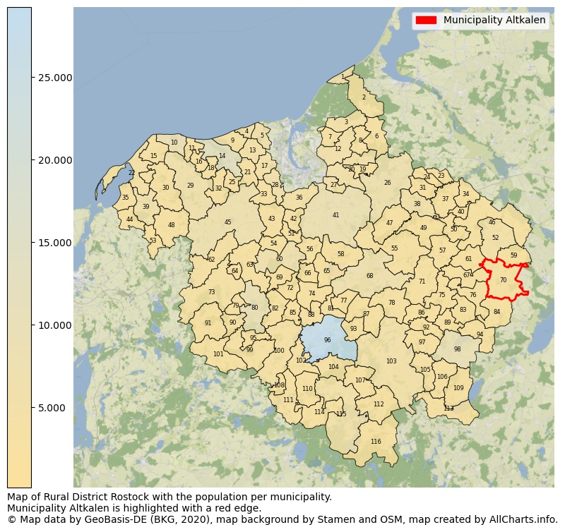 Map of Rural district Rostock with the population per municipality.Municipality Altkalen is highlighted with a red edge.. This page shows a lot of information about residents (such as the distribution by age groups, family composition, gender, native or German with an immigration background, ...), homes (numbers, types, price development, use, type of property, ...) and more (car ownership, energy consumption, ...) based on open data from the German Federal Agency for Cartography, the Federal Statistical Office (DESTATIS), the Regional Statistical Offices and various other sources!