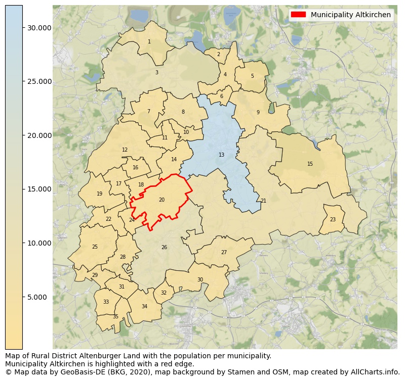 Map of Rural district Altenburger Land with the population per municipality.Municipality Altkirchen is highlighted with a red edge.. This page shows a lot of information about residents (such as the distribution by age groups, family composition, gender, native or German with an immigration background, ...), homes (numbers, types, price development, use, type of property, ...) and more (car ownership, energy consumption, ...) based on open data from the German Federal Agency for Cartography, the Federal Statistical Office (DESTATIS), the Regional Statistical Offices and various other sources!