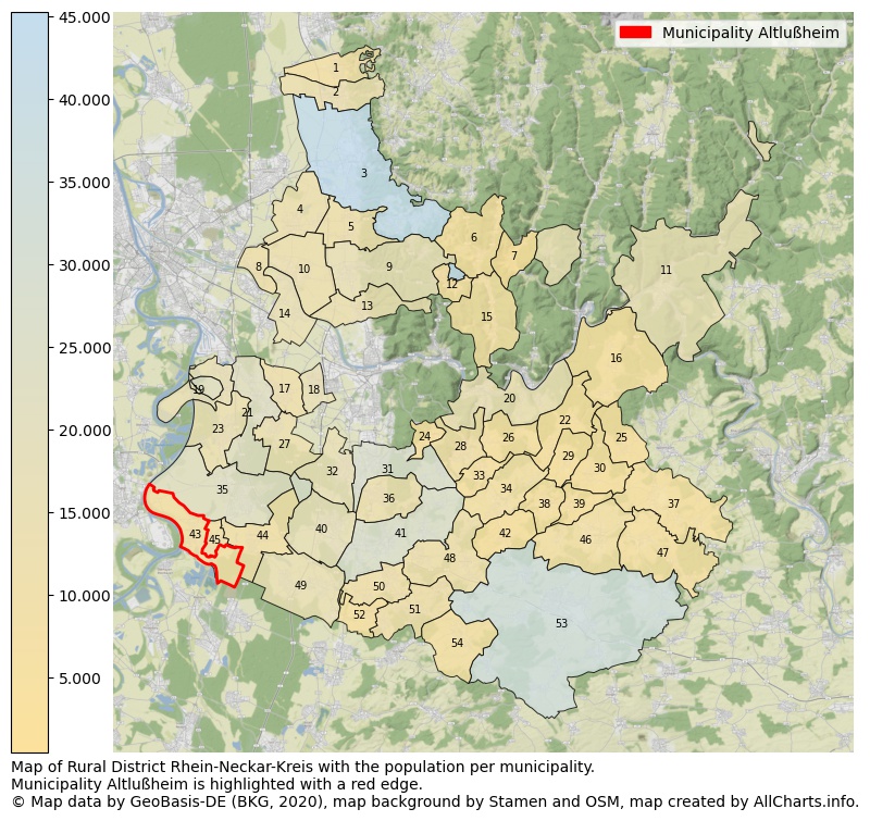 Map of Rural district Rhein-Neckar-Kreis with the population per municipality.Municipality Altlußheim is highlighted with a red edge.. This page shows a lot of information about residents (such as the distribution by age groups, family composition, gender, native or German with an immigration background, ...), homes (numbers, types, price development, use, type of property, ...) and more (car ownership, energy consumption, ...) based on open data from the German Federal Agency for Cartography, the Federal Statistical Office (DESTATIS), the Regional Statistical Offices and various other sources!