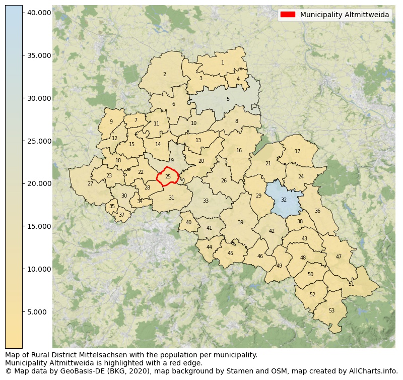 Map of Rural district Mittelsachsen with the population per municipality.Municipality Altmittweida is highlighted with a red edge.. This page shows a lot of information about residents (such as the distribution by age groups, family composition, gender, native or German with an immigration background, ...), homes (numbers, types, price development, use, type of property, ...) and more (car ownership, energy consumption, ...) based on open data from the German Federal Agency for Cartography, the Federal Statistical Office (DESTATIS), the Regional Statistical Offices and various other sources!
