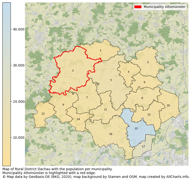 Map of Rural district Dachau with the population per municipality.Municipality Altomünster is highlighted with a red edge.. This page shows a lot of information about residents (such as the distribution by age groups, family composition, gender, native or German with an immigration background, ...), homes (numbers, types, price development, use, type of property, ...) and more (car ownership, energy consumption, ...) based on open data from the German Federal Agency for Cartography, the Federal Statistical Office (DESTATIS), the Regional Statistical Offices and various other sources!