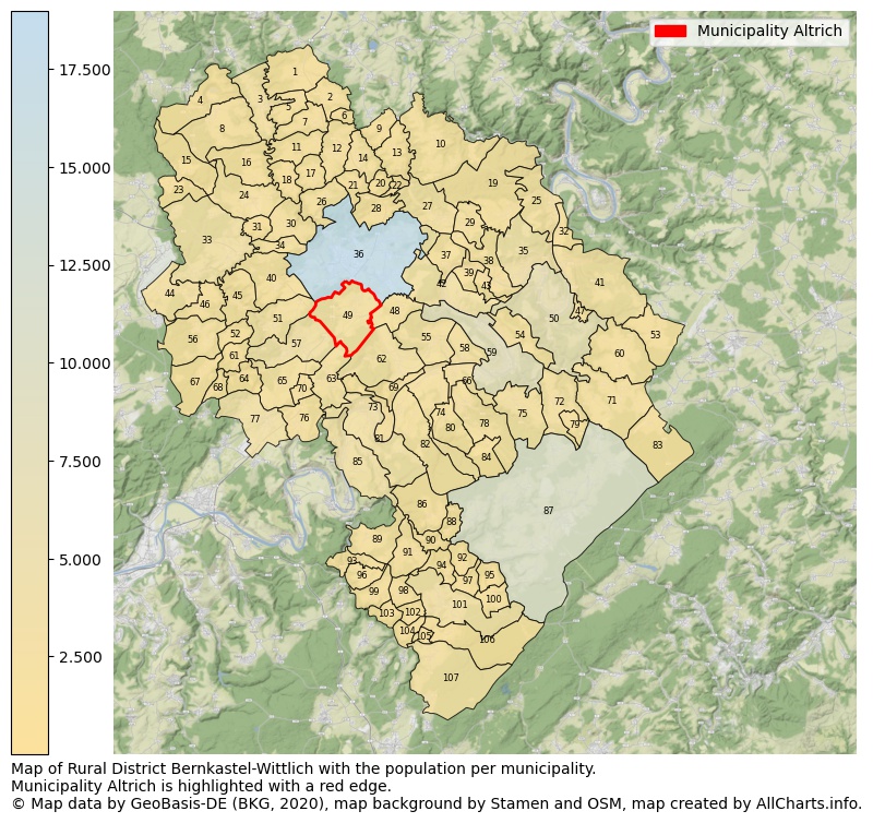 Map of Rural district Bernkastel-Wittlich with the population per municipality.Municipality Altrich is highlighted with a red edge.. This page shows a lot of information about residents (such as the distribution by age groups, family composition, gender, native or German with an immigration background, ...), homes (numbers, types, price development, use, type of property, ...) and more (car ownership, energy consumption, ...) based on open data from the German Federal Agency for Cartography, the Federal Statistical Office (DESTATIS), the Regional Statistical Offices and various other sources!