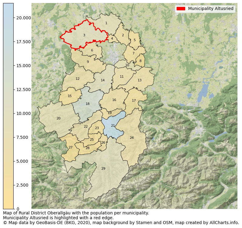 Map of Rural district Oberallgäu with the population per municipality.Municipality Altusried is highlighted with a red edge.. This page shows a lot of information about residents (such as the distribution by age groups, family composition, gender, native or German with an immigration background, ...), homes (numbers, types, price development, use, type of property, ...) and more (car ownership, energy consumption, ...) based on open data from the German Federal Agency for Cartography, the Federal Statistical Office (DESTATIS), the Regional Statistical Offices and various other sources!
